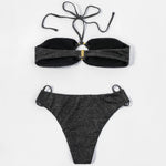 ZTVitality Shiny Black Women Swimsuit Sexy Bikini 2022 New Arrival Halter Padded Bandage Ring Beach Swimwear Brazilian Biquini