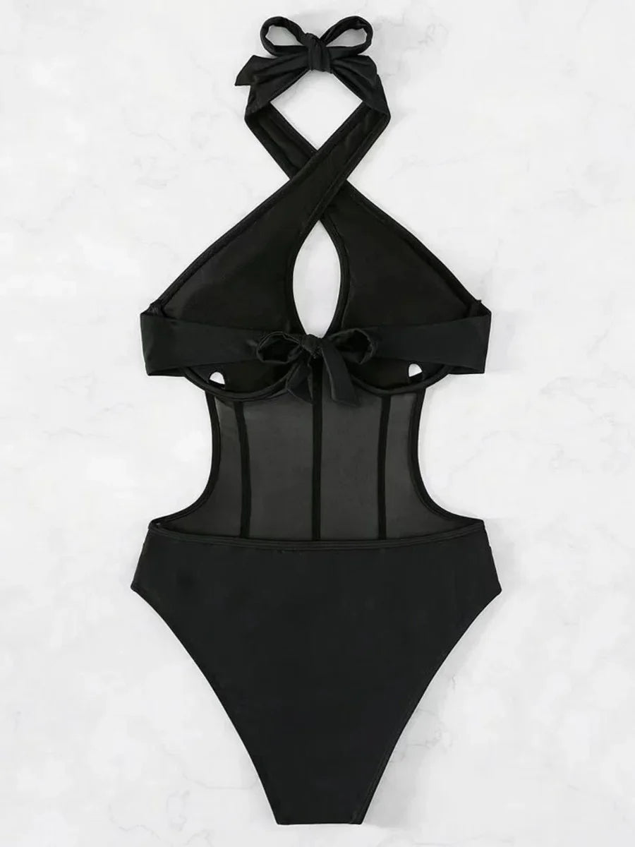 Halter Mesh Sheer Underwired One Piece Swimsuit Women Swimwear Female Backless Hollow Out Monokini High Cut Bathing Suit Swim
