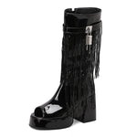 Plus Size Women White Patent Leather Fringe Tassel Mid Calf Boots Peep Toe Platform Block Heel Open Toe Party Club Heels