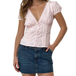 Women's Summer Solid Color Casual Shirt Short Sleeve Deep V Neck Lace Trim Buton Up Party Sweet Crop Tops