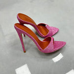 Open Pointy Glitter Mules With High Heels Women Holiday Summer Crocodile Leather Shoes Lady Multicolor Party Casual Slippers