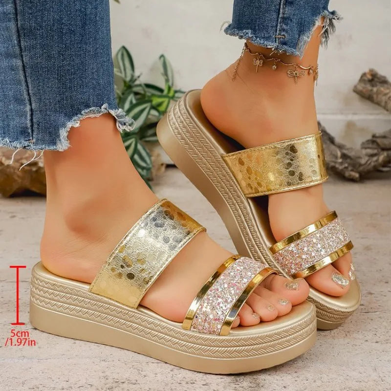 Women Wedge Sandals Casual Comfortable Party Shoes Shiny Crystal Wedges Slippers Women High Heels Chunky Platform Sandals Woman