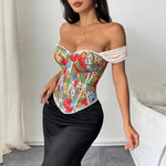 Retro Red Floral Print Corset Tank Top Sexy Back Criss Cross Bandage Bustier Lace Trim Night Club Party Slim Fishbone Camisole