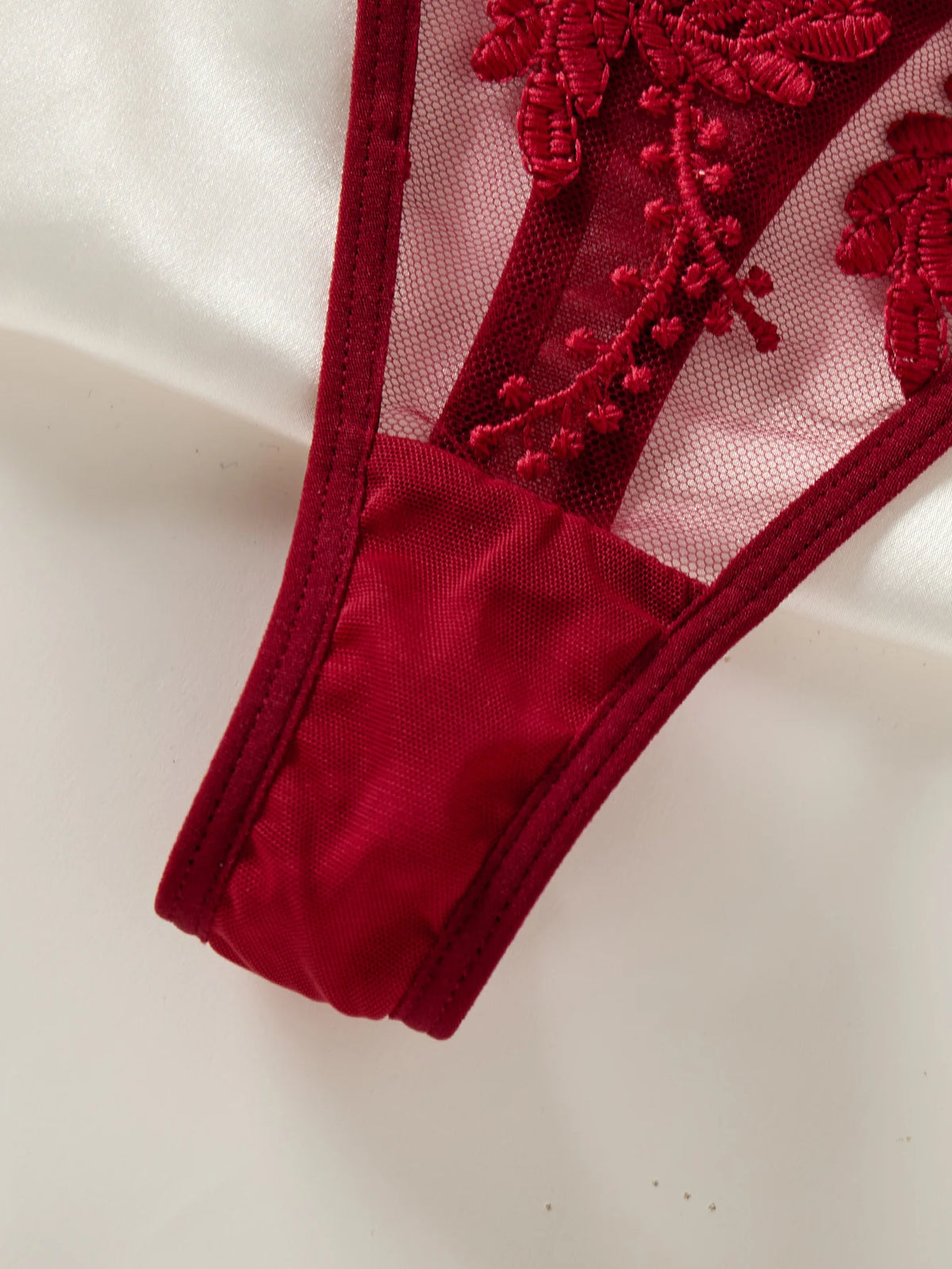 Deep V netted embroidered nightgown and thong set - burgundy lace halter top seductive and alluring women's home wear ZA824066