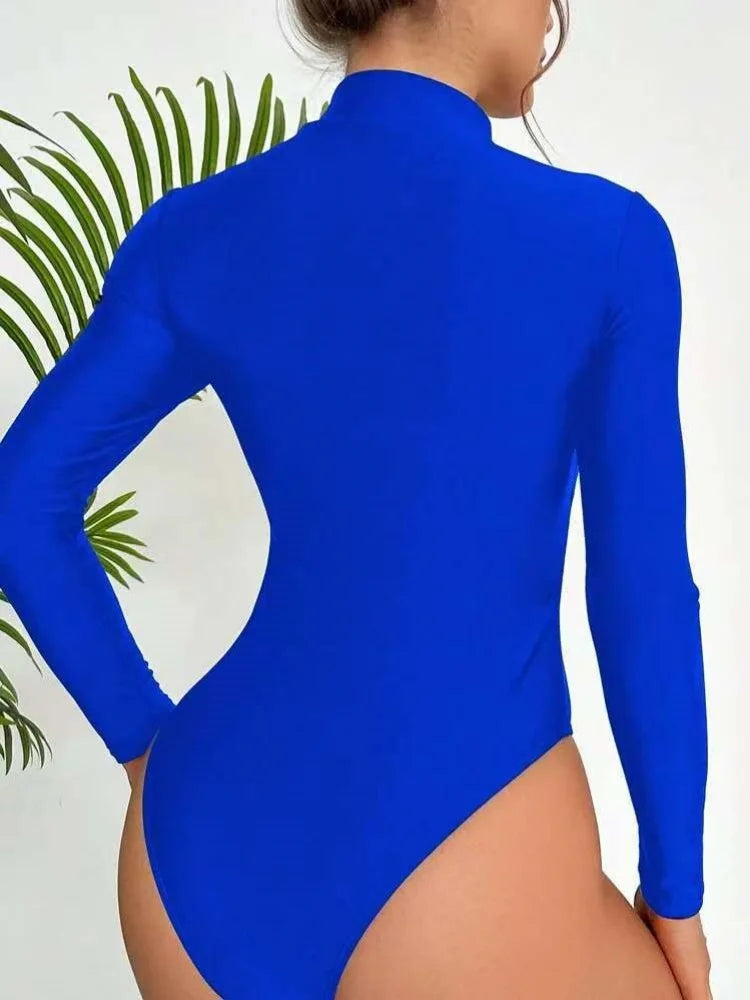 Vintage Black Swimwear Women Large Size 2026 Front Zipper Long Sleeve Slim Surf One Piece Swimsuit Beach Bathing Suit Monokini