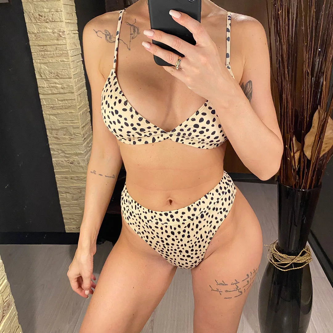 S - XXL Leopard Printed High Waist Bikini Female Swimsuit Women Swimwear Three-piece Bikini set Bather Bathing Suit Swim V2805SW