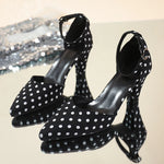 Fashion Polka Dot Ankle Buckle Pumps Women Plus Size 42 Pointed Toe High Heels Sandals Woman Elegant Thick Heel Party Shoes