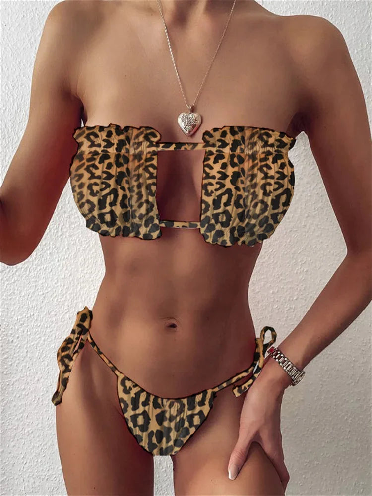 Elegant Purple Swimwear Women Sexy Off Shoulder Pleate Bikini Bandeau Hollow Out Lace-Up Push Up Bathing Suit Thong Swimsuit