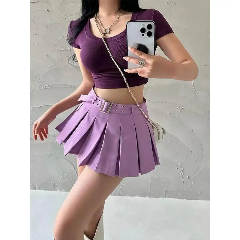 WOMENGAGA Summer Skorts High-quality Sexy A-LINE Safety Skirts Pleated Skirt Half Length Short Skirt Belt Fashion Women E4H4