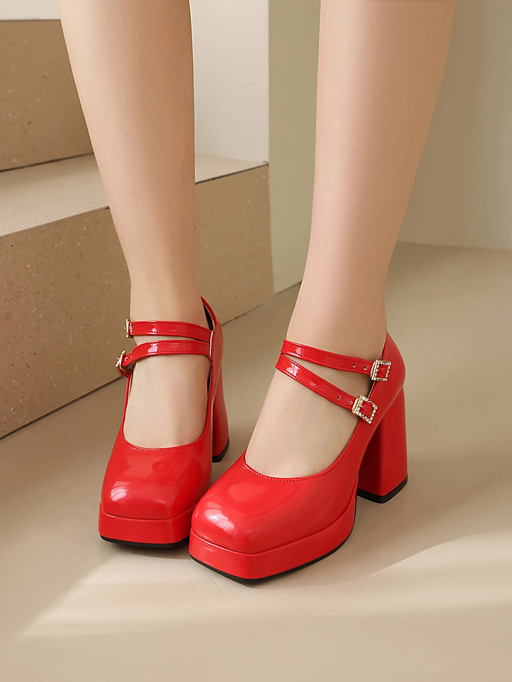 Women Silver Metallic Platform Mary Jane Shoes Double Rhinestone Buckle Chunky Block High Heels Y2K Vintage Square Toe Pumps