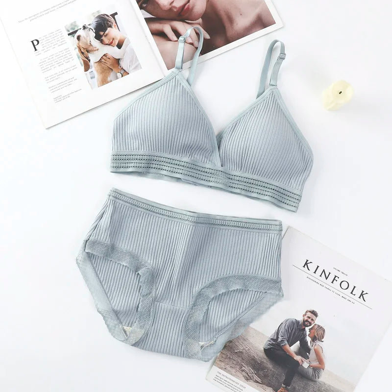 Women Padded Bra And Panties Set Low Waist Briefs Wire Free Bra Female Solid Color Underwear Sexy Lingerie Set One Size