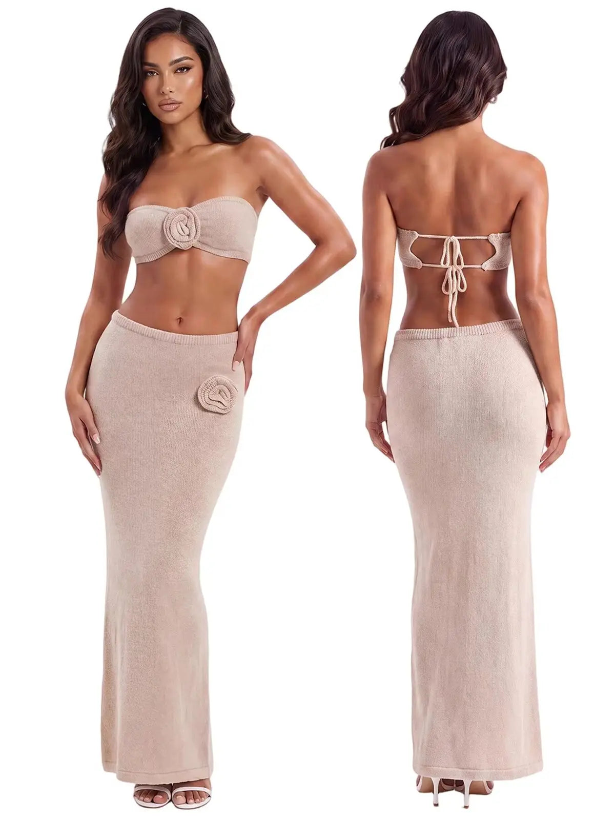 Women’s Two Piece Knit Summer Outfits Strapless 3D Flower Tube Tops and Long Skirt Set Beachwear Sexy Club Holiday Clothes