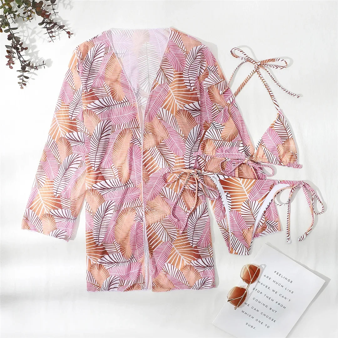 With Cover Up Leaves Printed Bikini Women Swimwear Female Swimsuit Three-pieces Bikini Set Bather Bathing Suit Swim Beachwear