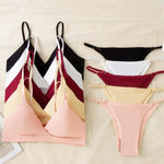 Women Ribbed Triangle Bra And Panties Set Wireless V Neck Thin Strap Bra Low Waist Briefs Ladies Removable Pads Lingerie Set