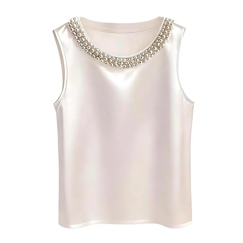 Women Vest Silky Satin Sleeveless Tops With Faux Pearls Collar Loose Fit Summer Tops Formal Semi-Formal Wear Women Blouse