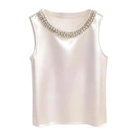 Women Vest Silky Satin Sleeveless Tops With Faux Pearls Collar Loose Fit Summer Tops Formal Semi-Formal Wear Women Blouse