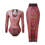 S - XXL Printed Long Sleeve With Sarong One Piece Swimsuit Women Swimwear Female Flowers Padded Bather Bathing Suit Swim K7181