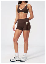 Tight Color Contrast Yoga Suit 2 Pieces Women V Neck Sports Bra Pleate High Waist Shorts Gym Running Fitness Suits Tracksuit