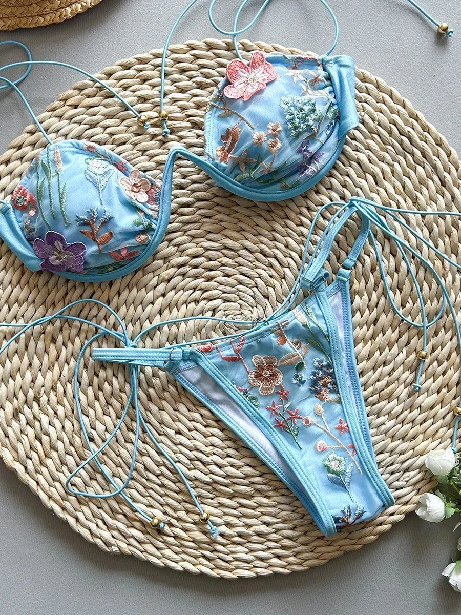 Sexy Pink Flower Embroidery Print Swimsuit Women 2025 Sexy Underwire Drawstring Bikini Set Summer Beach Bathing Suit Swimwear