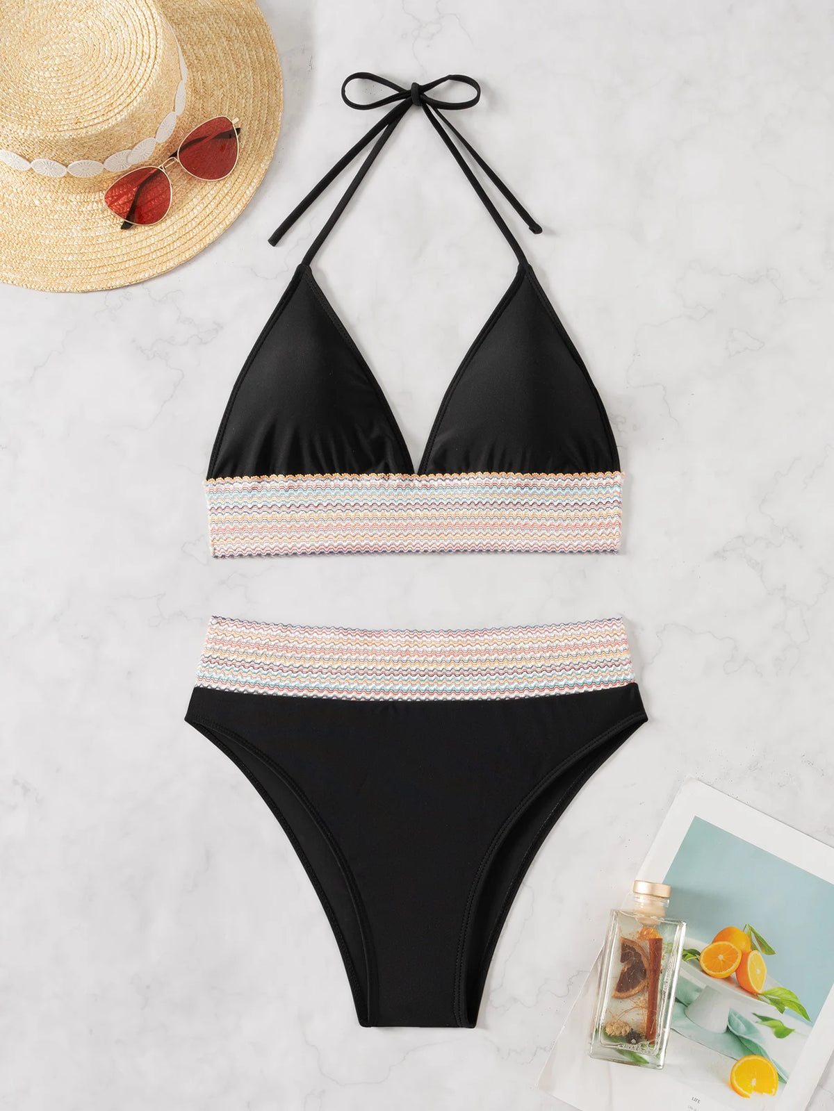 ZTVitality Sexy Patchwork 2 Piece Bikini Set Women's 2024 New Arrival Padded Bra Halter Backless Swimsuit Women Swimwear Summer
