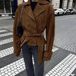 Phantasy Fashion Vintage Belt-Down Jacket Autumn Winter V-Neck Commuter Brown Suit Casual Style High-End Women's Clothing 2025