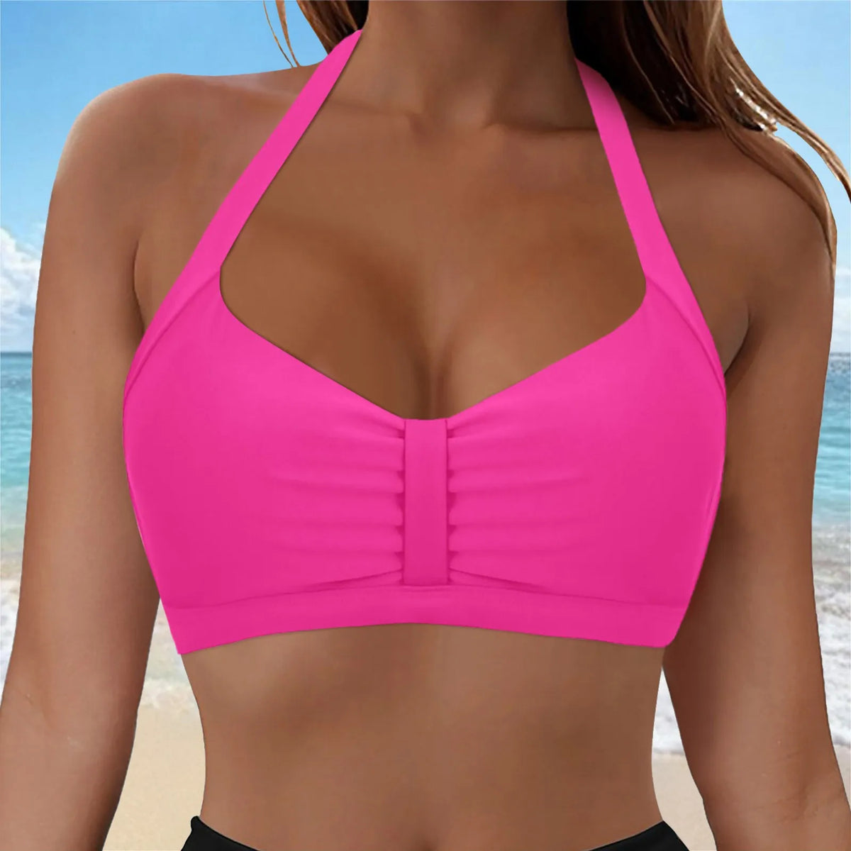 Womens Halter Neck Ruched Bikini Top Padded Push Up Swim Tops Adjustable Tie Back Bathing Suit Top Beach Pool Vacation Swimwear