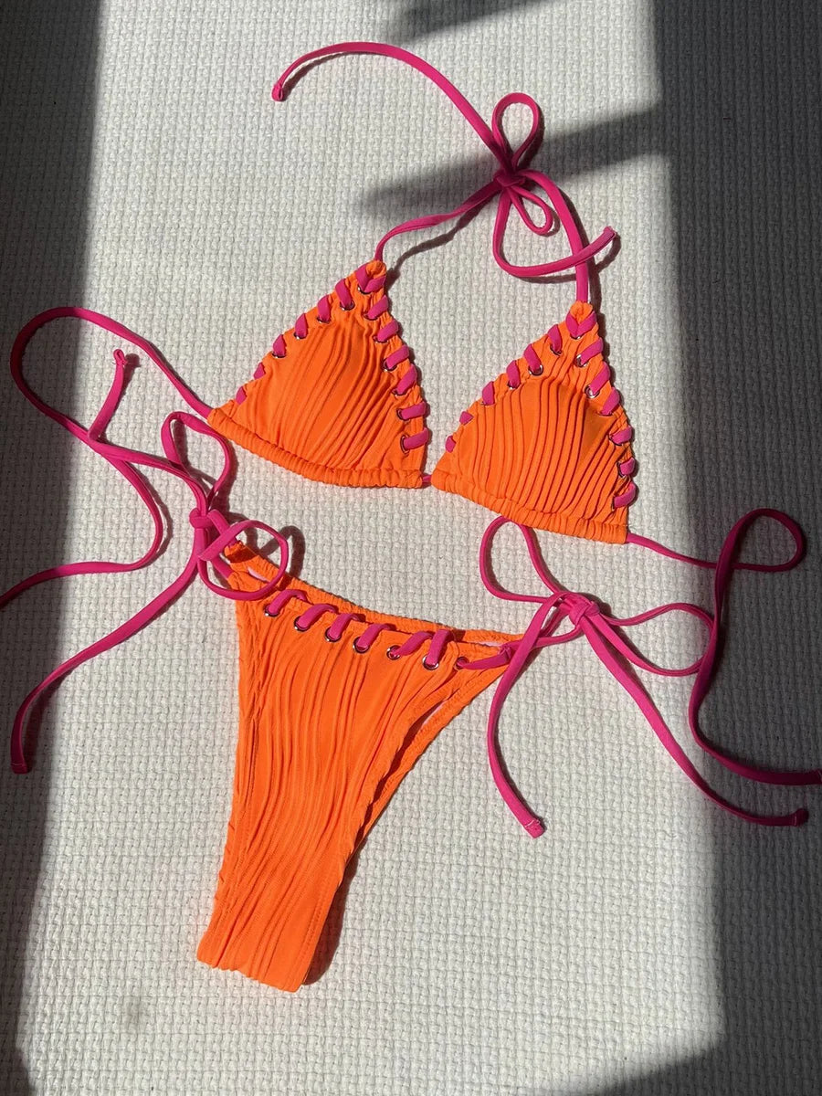 2025 Halter Wrinkled Weave Bikini Women Swimwear Female Swimsuit Two Pieces Bikini Set Brazilian Bathing Suit Swim Beach Wear