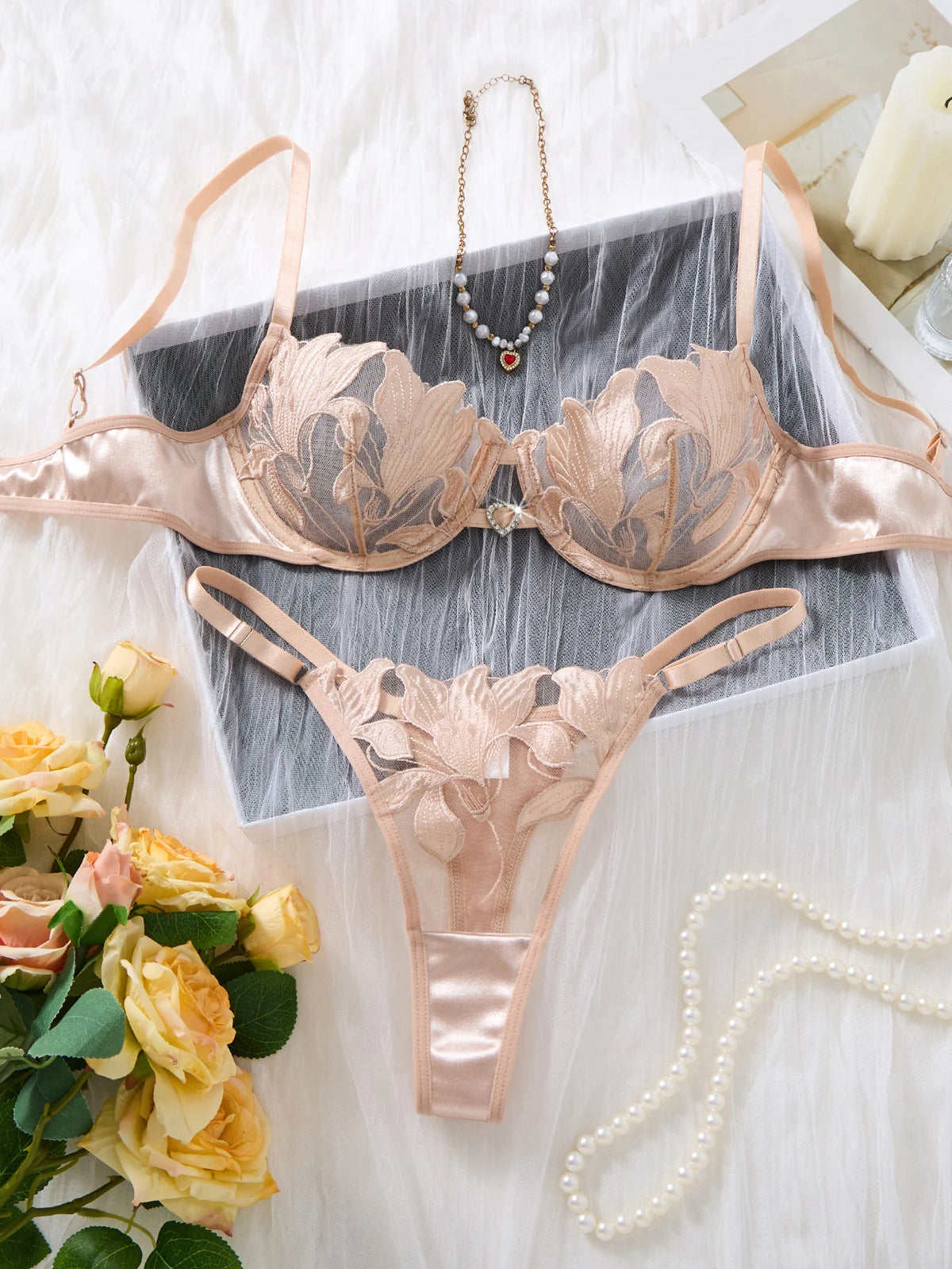 Nude Pink Floral Embroidery Lingerie Set Women Sheer Mesh Push Up Bra And Thong 2 Piece Sexy Transparent Lace Underwear ZA824031