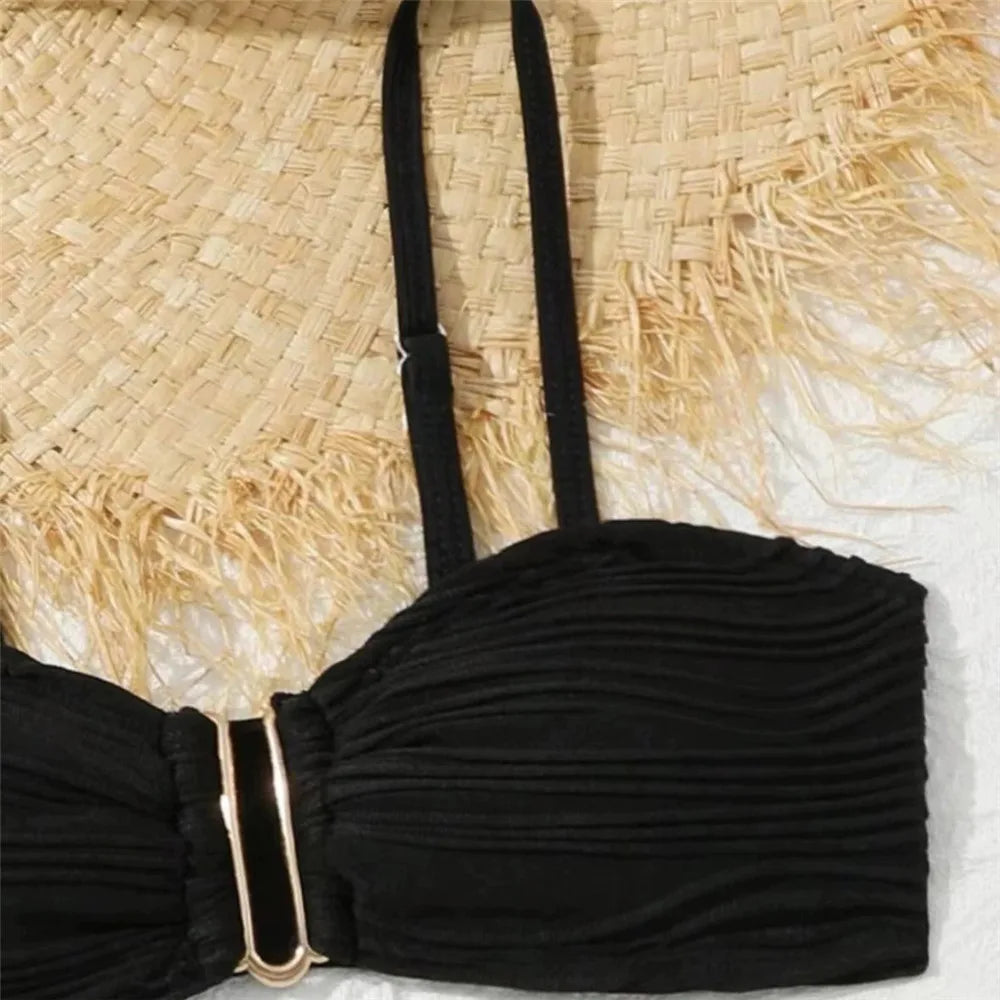 Beige Texture Solid Swimwears 3 Piece Bikini Set Cover Ups U Shapped Sexy Swimsuit Women 2026 Bathing Suit High Waist Bikinis