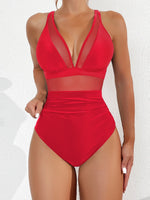 Solid Color One Piece Bikini for Women,sexy Deep-V Neck Suspender Backless Swimsuit,high Waist Translucent Striped Mesh Swimwear