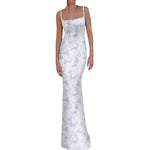 Women's Summer Sexy Bodycon Dress Spaghetti Strap Sleeveless Backless Slim Fit Floral Printed Long Dresses