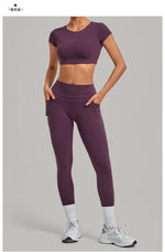 Yoga Set Women's Tracksuit Short Sleeve Back Hollow Out Sports Top Athletic Wear Tight High Waist Pocket Leggings Fitness Suits