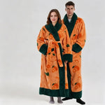 Warm Flannel Long Couples Robe Autumn Winter Color Block Lapel Funny Cartoon Print Bathrobe with Double Pockets Loungewear