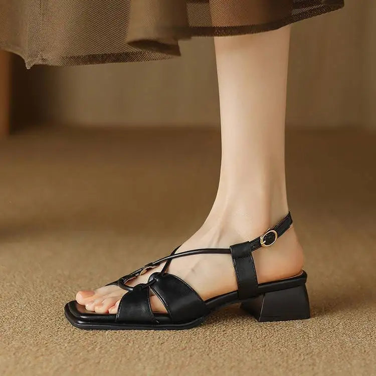 Summer New Model Fashion Middle Heeled Women's Sandals Black Buckle Open-toe Comfortable Hollow-out Women's Shoes High 3.5cm
