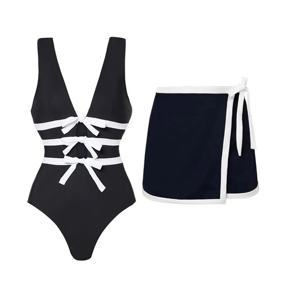 2024 Women Swimwear 2PC Cover-up Swimsuit Ruffle Solid Printed Deep V One-piece Monokini Kimono Bikini Suit Summer Beachwear
