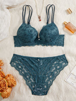 Women's Sexy Lingerie Set Lace Patchwork Solid Color Bowknot Rhinestone Embellished Push-Up Double Shoulder Strap Unlined Comfortable Underwear, Lace Semi-Transparent Breathable Panties