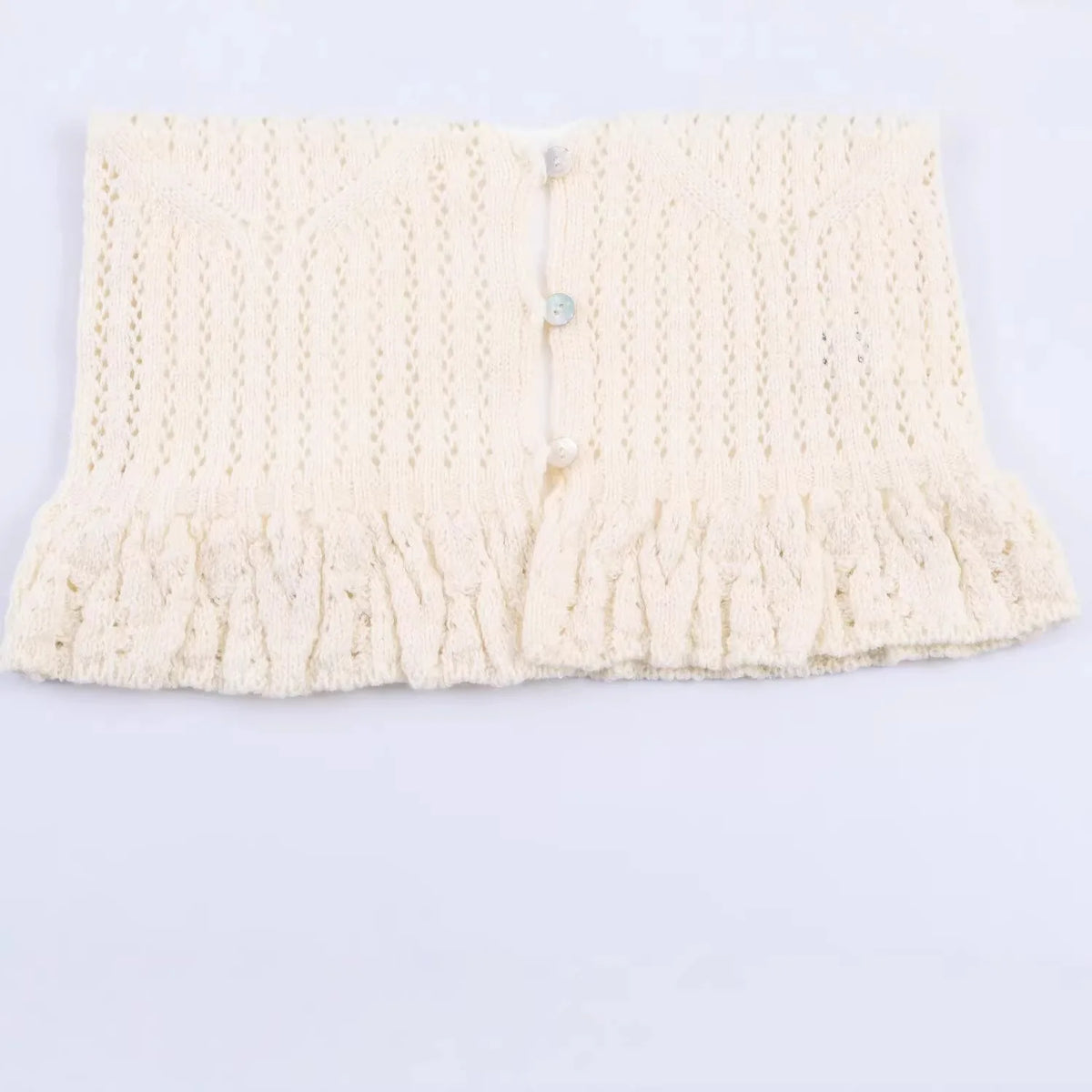 Fashion Casual Hollow-out Knitwear Women Cream White Crochet Knit V Neck Button Front Ruffle Hem Sleeveless Casual Crop Top 38V2