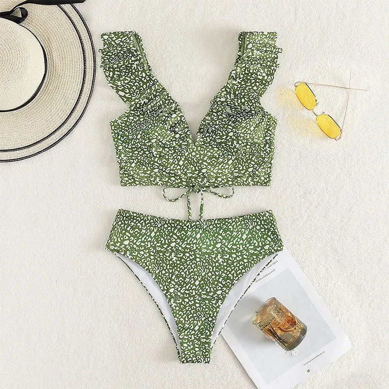 Solid Color Sexy V-neck Ruffle Bikini 2026 Women 2 Piece Swimwear Push Up Padded High Waist Swimsuit Summer Beach Bathing Suit