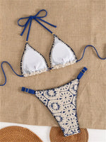 Sexy Blue Patchwork Knitted Bikini Set Women Halter Push Up Bra Thong Swimsuit 2026 Summer Bathing Suit Two Piece Swimwear
