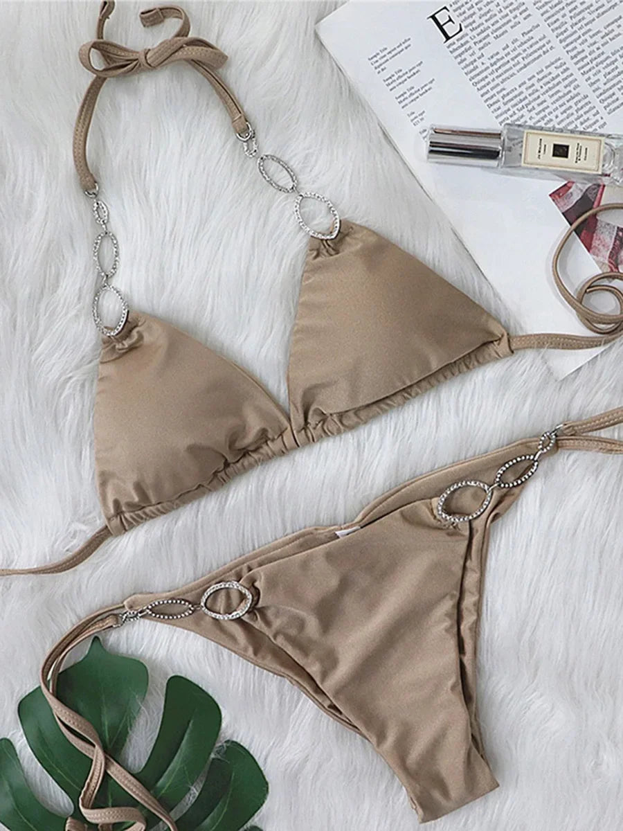 New Shiny Crystal Diamond Bikini 2026 Women Halter Bandage Swimsuit Female Swimwear Rhinestone Bikini set Brazilian Bathing Suit
