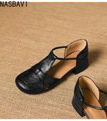 French Slip-on Single Shoes Retro British Shoes for Women Brown T-Strap Shallow Flat Sandals Soft Leather RomeSummer New 32-43