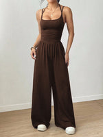 Women's Casual Solid Color Pleating Loose Straight Jumpsuit A-line Backless Halter Neck Slim Cami Jumpsuit Streetwear 2025