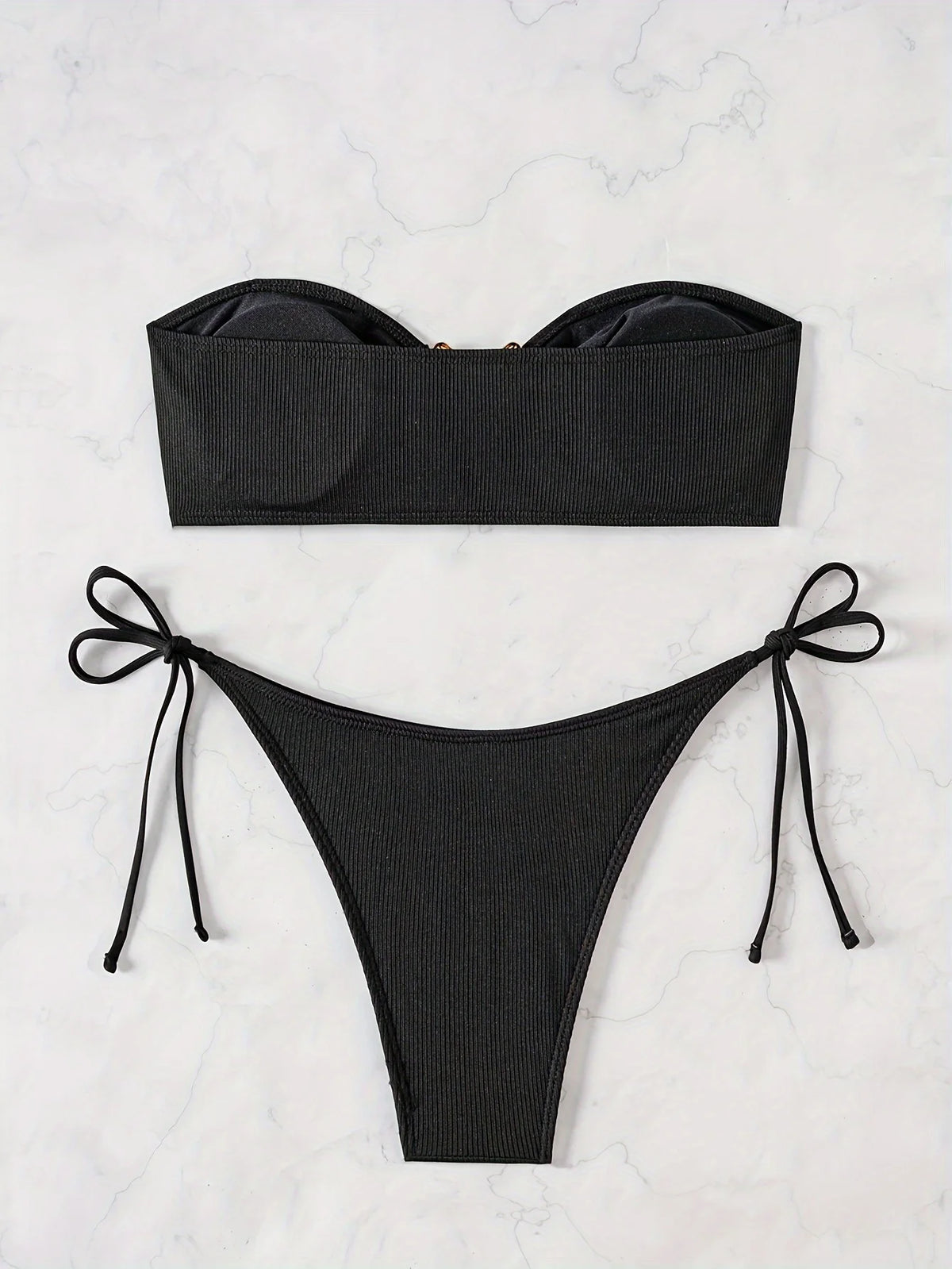 ZTVitality Sexy Bandeau Rib Knit Tie Side Black Bikini Set 2024 Biquini New Arrival Padded Strapless Swimsuit Women's Swimwear