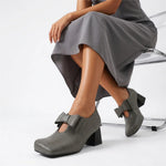 Plus Size 52 Soft Faux Leather Mary Jane Heels Pumps Big Bow Square Toe 5cm Chunky Block Heel Vintage Office Dress Shoes Women
