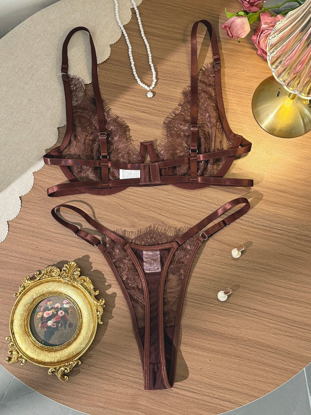 French Vintage Dark Brown Lace Lingerie Set Women Sexy Sheer Mesh Bralette Bra and Panty Thong 2 Piece Sets