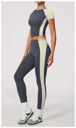 Nake Yoga Set Women's Tracksuit Color Contrast Short Sleeve Slim Sports T Shirts High Waist Leggings Fitness Clothes Gym Outfits