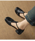 French Slip-on Single Shoes Retro British Shoes for Women Brown T-Strap Shallow Flat Sandals Soft Leather RomeSummer New 32-43