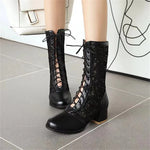 New Arrivals Big Size 43 Fashion White Lace Summer Boots Women Chic Black Square Med Heels Lace-up Mid-calf Boots Wedding Shoes