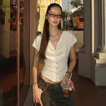 FDYOUI Fashion Casual Swinging Collar T-shirts Y2K Woman Clothes Short Sleeve Buttons Corset T Shirt Ladies Solid Crop Tops Tees
