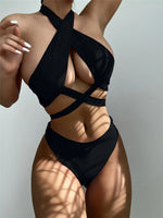 Sexy High Neck Cross Bikini Set 2026 Women Solid White Black Push Up Hollow Out Swimsuit Summer Bathing Suit High Waist Swimwear